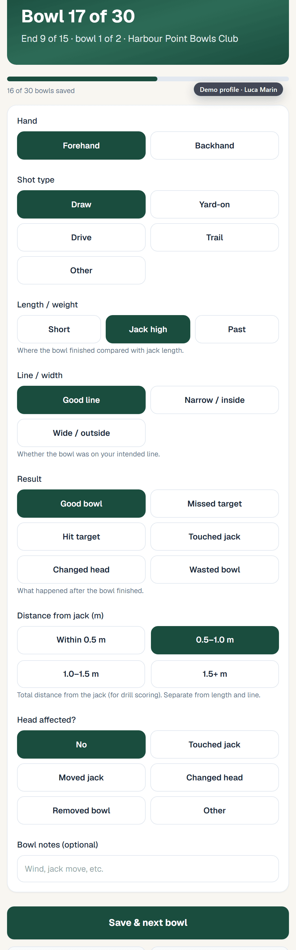 Bowls Hub guided drill session showing Bowl 17 of 30 for 30 Bowl Line & Length