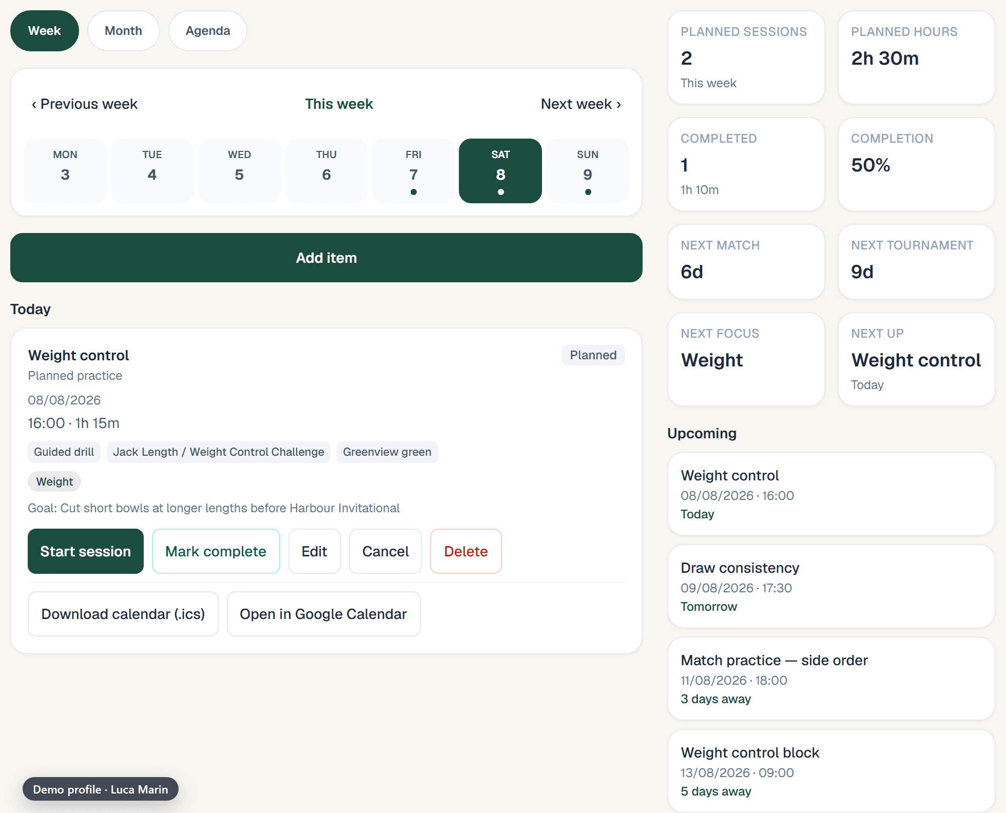 Bowls Hub training planner week view with upcoming practice and competition